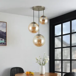 Lindby hengelampe Teeja, amber, 3 lyskilder, Ø52cm, glass, E27| Design- Og Hotellbelysning|Pendellamper