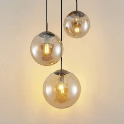 Lindby hengelampe Teeja, amber, 3 lyskilder, Ø52cm, glass, E27| Design- Og Hotellbelysning|Pendellamper