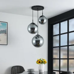 Lindby hengelampe Teeja, smoke, 3 lyskilder, Ø52cm, glass, E27| Design- Og Hotellbelysning|Pendellamper