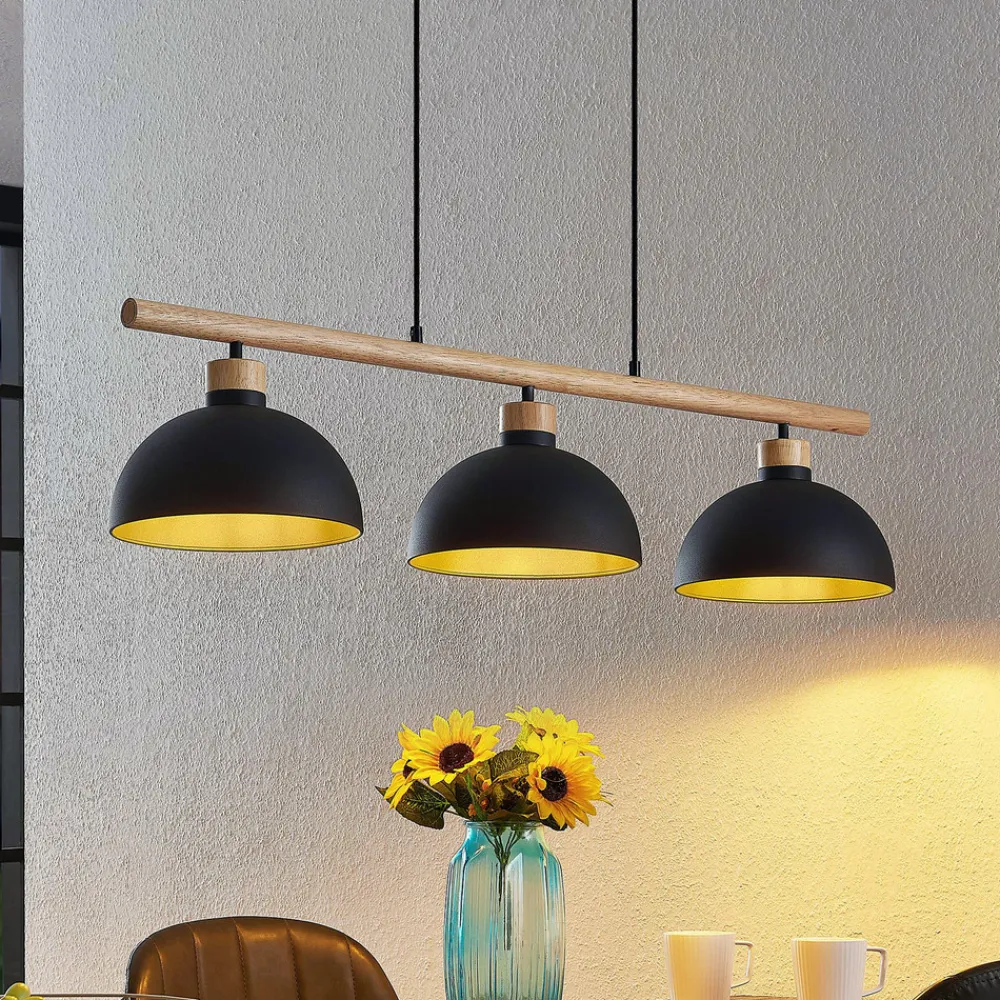 Lindby hengelampe Tirzana, 3 lyskilder, svart, metall, tre Sale