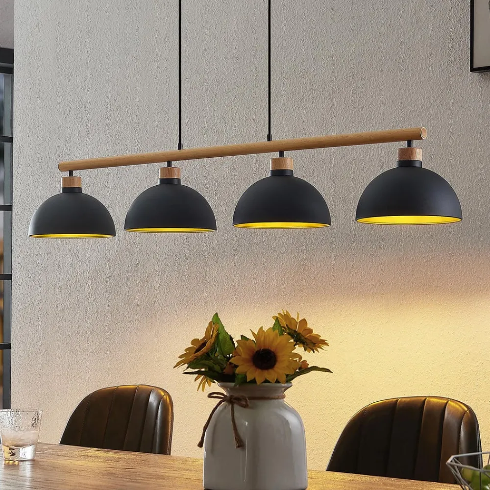 Lindby hengelampe Tirzana, 4 lyskilder, svart, metall, tre| Pendellamper