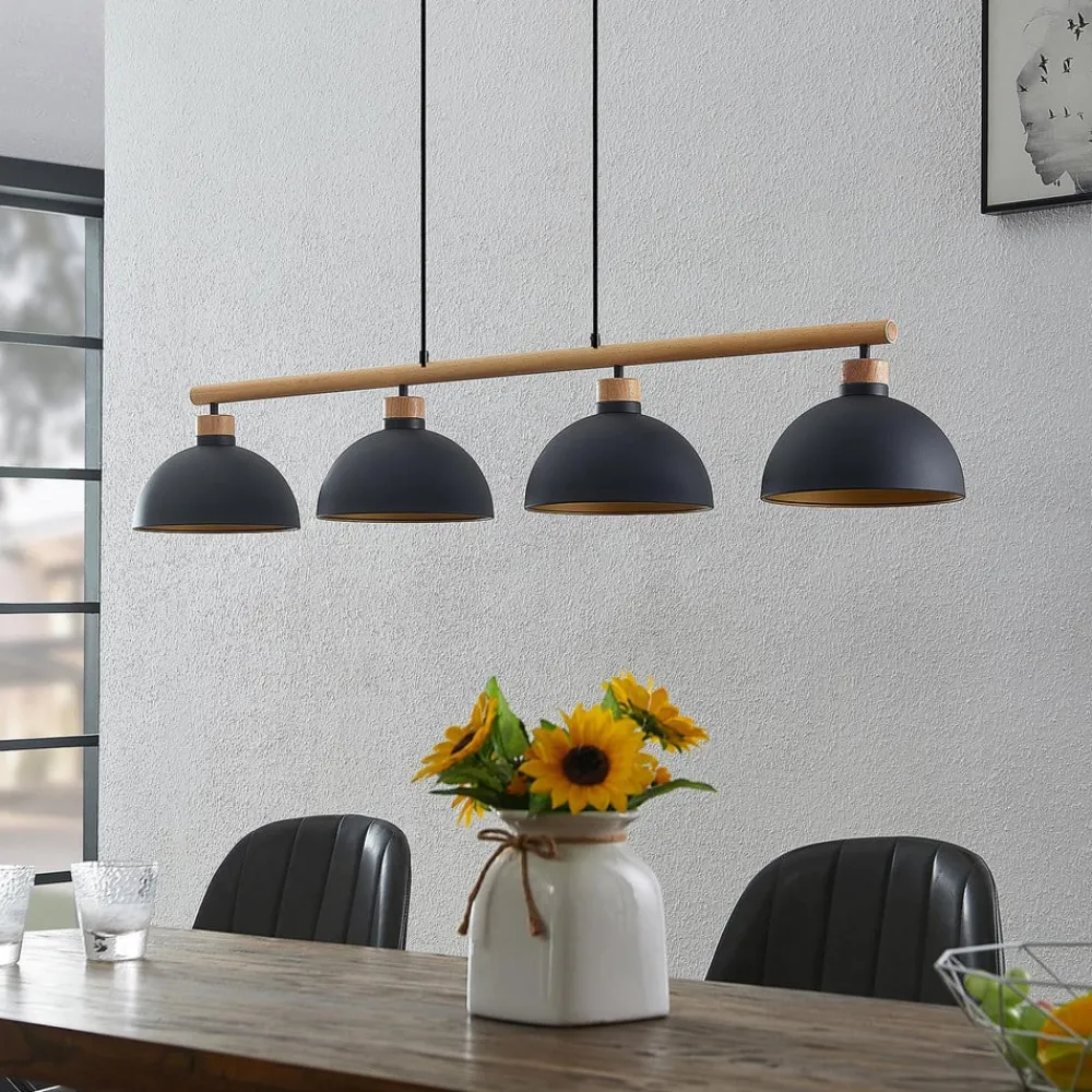 Lindby hengelampe Tirzana, 4 lyskilder, svart, metall, tre| Pendellamper
