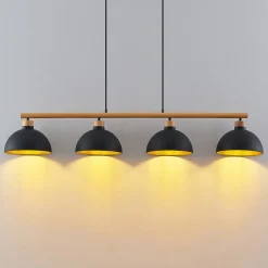 Lindby hengelampe Tirzana, 4 lyskilder, svart, metall, tre| Pendellamper