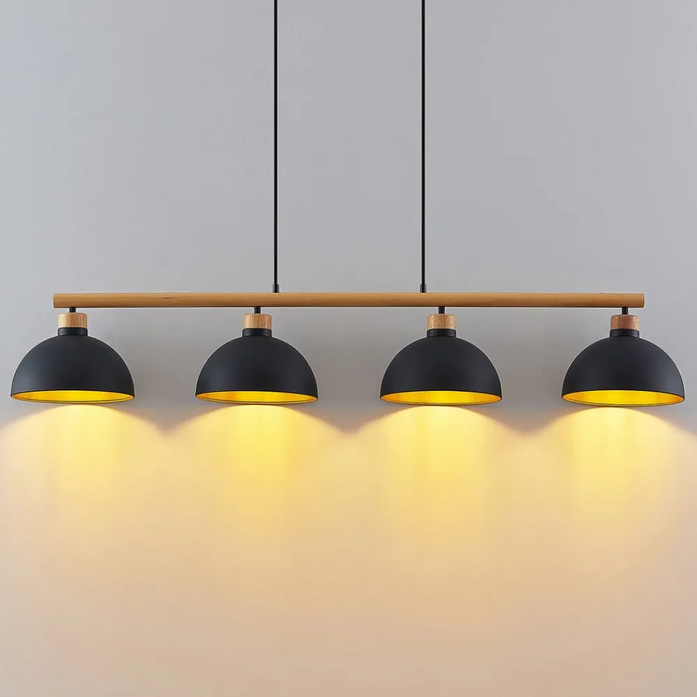 Lindby hengelampe Tirzana, 4 lyskilder, svart, metall, tre| Pendellamper