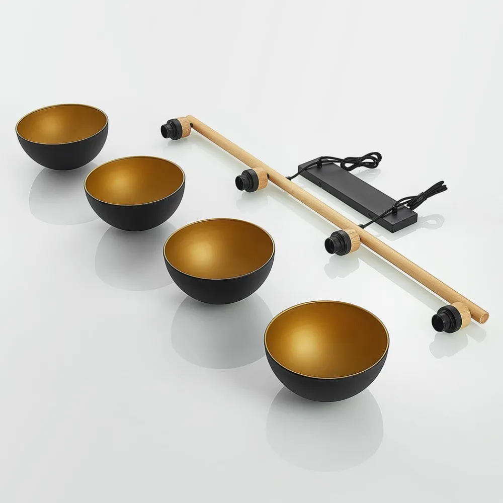 Lindby hengelampe Tirzana, 4 lyskilder, svart, metall, tre| Pendellamper