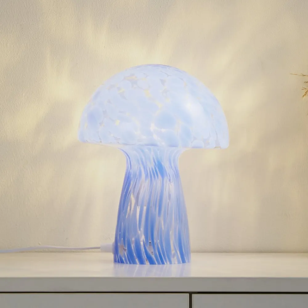 Lindby Hubi bordlampe, blå, glass, Ø 22 cm, soppform| Bordlamper
