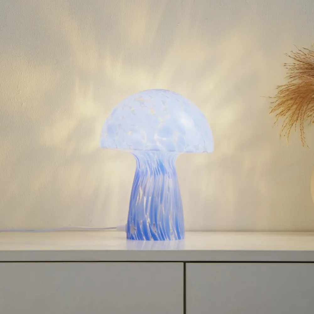 Lindby Hubi bordlampe, blå, glass, Ø 22 cm, soppform| Bordlamper