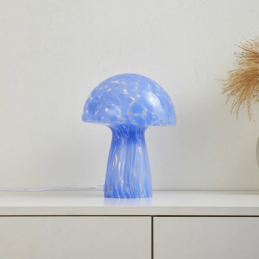 Lindby Hubi bordlampe, blå, glass, Ø 22 cm, soppform| Bordlamper