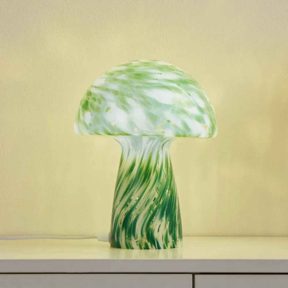 Lindby Hubi bordlampe, grønn, glass, Ø 22 cm, soppform| Bordlamper