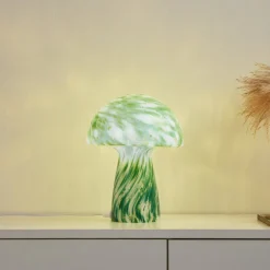 Lindby Hubi bordlampe, grønn, glass, Ø 22 cm, soppform| Bordlamper