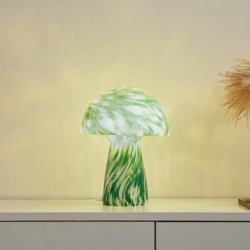 Lindby Hubi bordlampe, grønn, glass, Ø 22 cm, soppform| Bordlamper