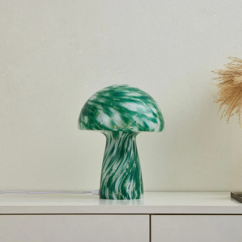 Lindby Hubi bordlampe, grønn, glass, Ø 22 cm, soppform| Bordlamper