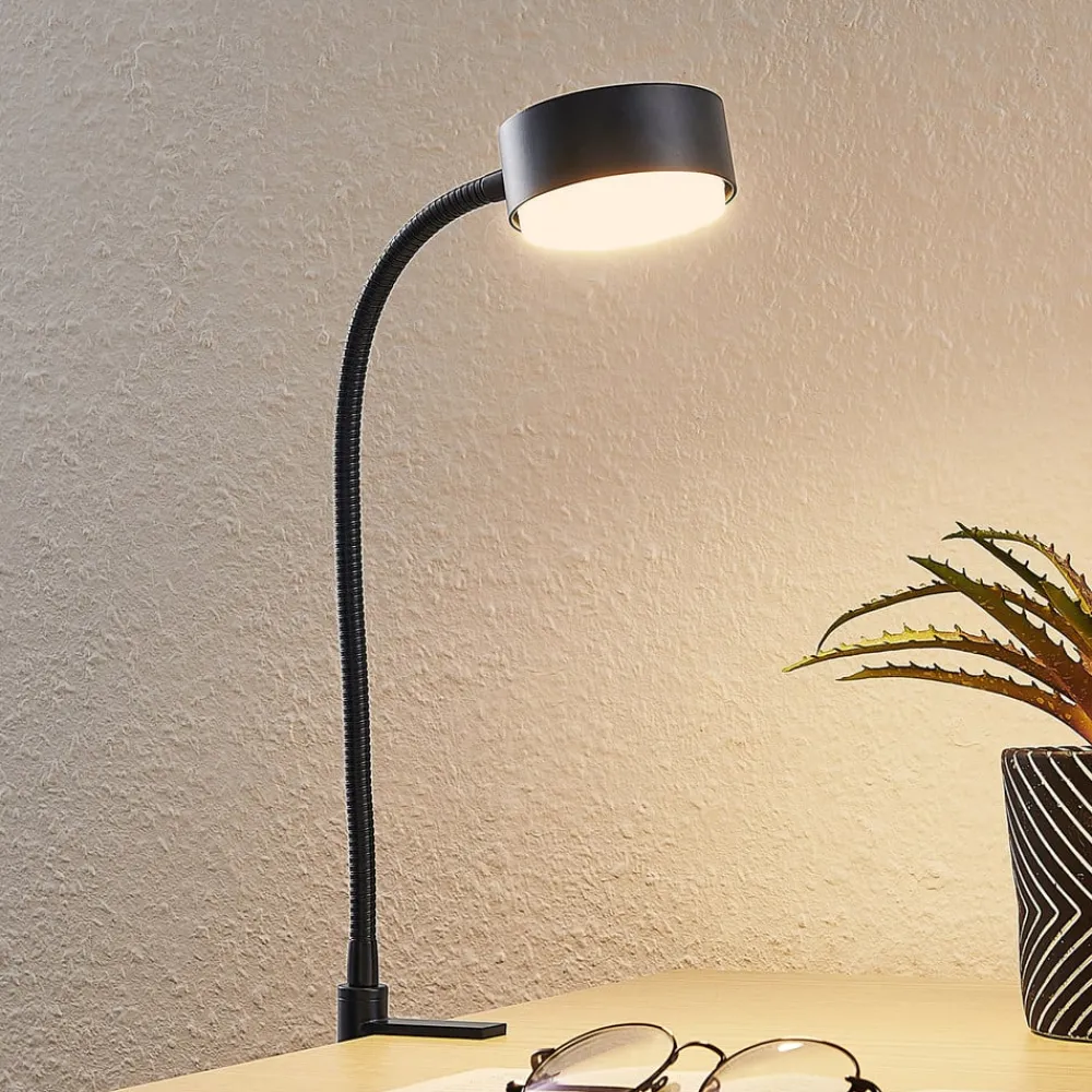 Lindby klemmelampe Kaylou, svart, fleksibel arm, aluminium| Kontorbelysning|Bordlamper