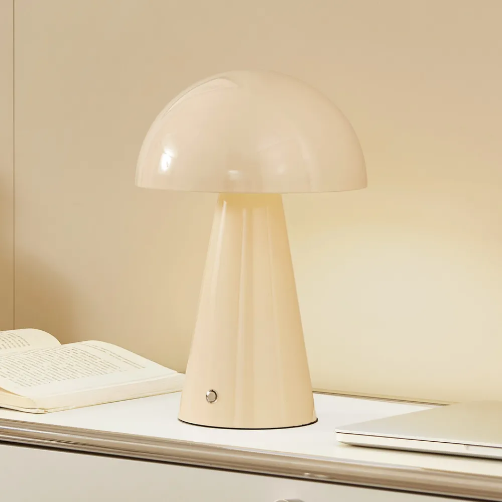 Lindby LED oppladbar bordlampe Nevijo, beige, Ø20cm, USB, dimmer Outlet
