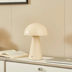 Lindby LED oppladbar bordlampe Nevijo, beige, Ø20cm, USB, dimmer Outlet