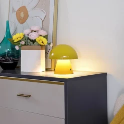 Lindby LED oppladbar bordlampe Nevijo, gul, Ø18cm, USB, dimmer| Led-Innendørs