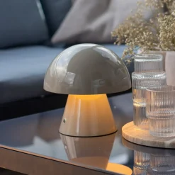 Lindby LED oppladbar bordlampe Nevijo, grå, Ø18cm, USB, dimmer| Bordlamper