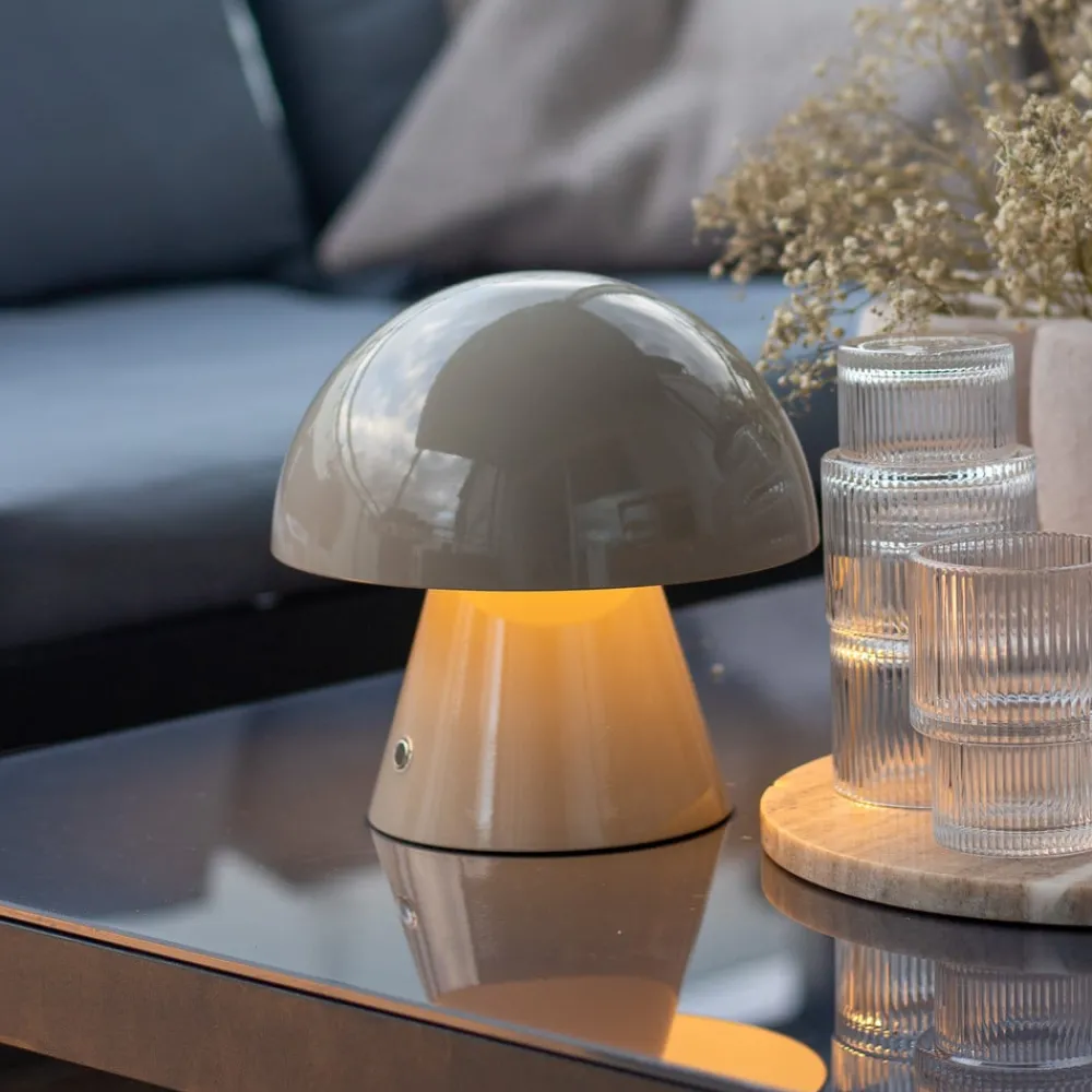 Lindby LED oppladbar bordlampe Nevijo, grå, Ø18cm, USB, dimmer| Bordlamper