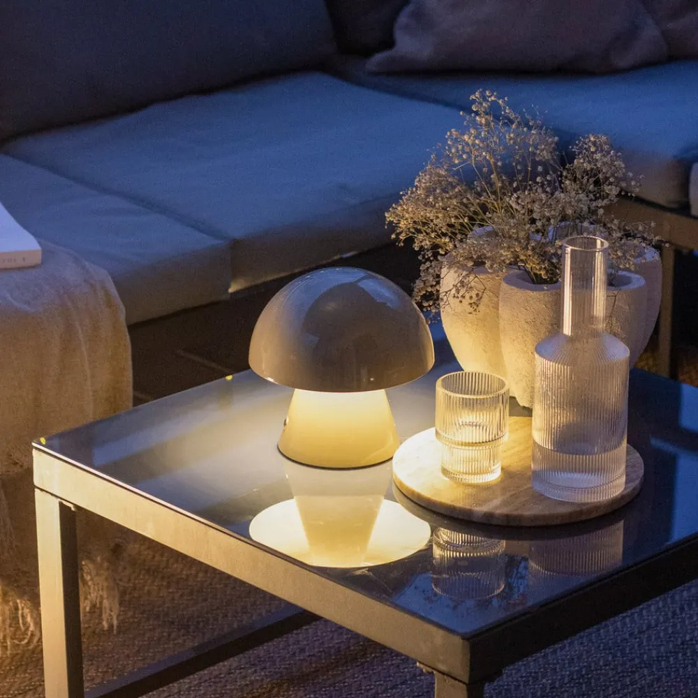 Lindby LED oppladbar bordlampe Nevijo, grå, Ø18cm, USB, dimmer| Bordlamper