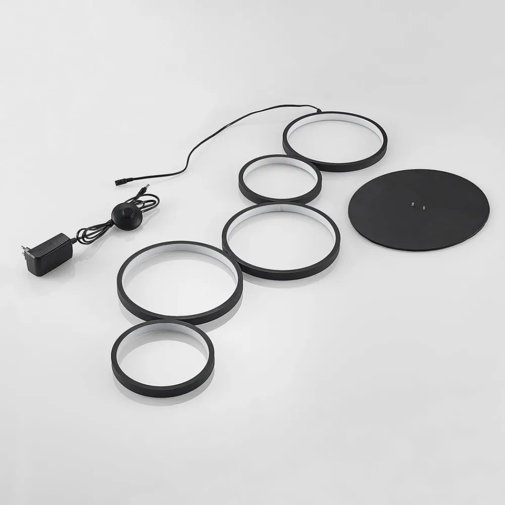 Lindby LED-gulvlampe Jacek, svart, metall, 110 cm, ringer| Led-Innendørs|Gulvlamper