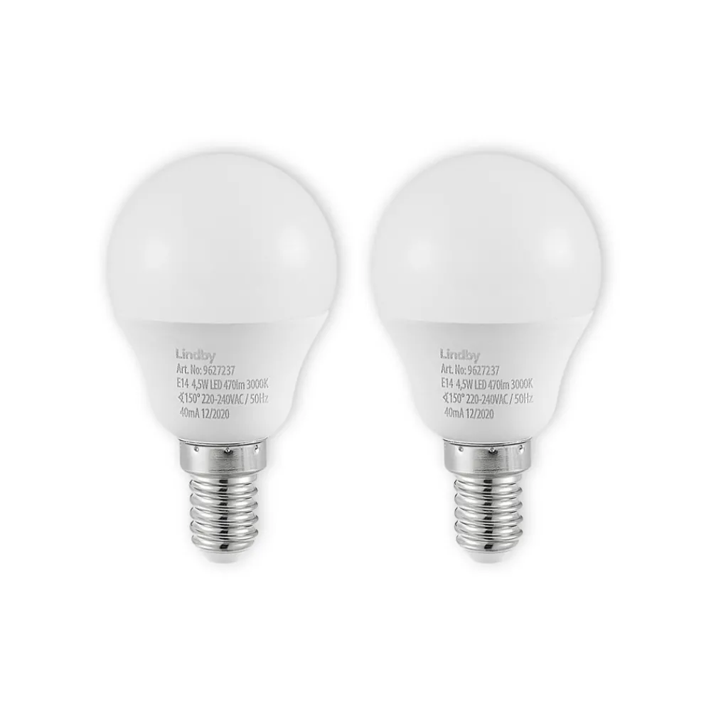 Lindby LED-pære E14 G45 4,5W 3000K opal sett med 2 stk