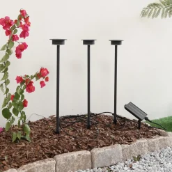 Lindby LED-solcellelampe Lyris, sett med 3 stk, svart, aluminium, 3 000K| Utespotter