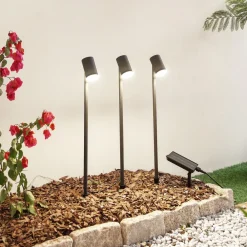 Lindby LED-solcellelampe Myric, sett med 3, svart, aluminium, 3 000K Hot