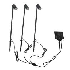 Lindby LED-solcellelampe Myric, sett med 3, svart, aluminium, 3 000K Hot