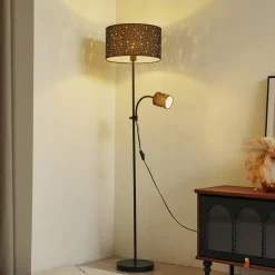 Lindby Melanie gulvlampe, grå, stoff, Ø 36 cm, 2 lyskilder.| Gulvlamper