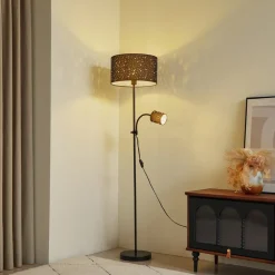 Lindby Melanie gulvlampe, grå, stoff, Ø 36 cm, 2 lyskilder.| Gulvlamper