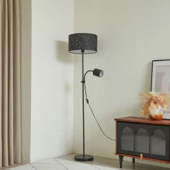 Lindby Melanie gulvlampe, grå, stoff, Ø 36 cm, 2 lyskilder.| Gulvlamper