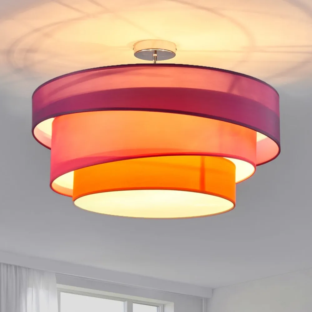 Lindby Melia taklampe, lilla/rosa/oransje, tekstil, Ø56cm| Design- Og Hotellbelysning|Taklamper