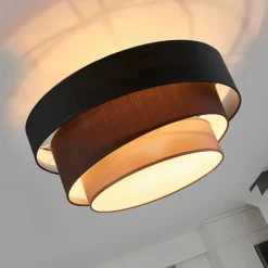 Lindby Melia taklampe, svart/brun, tekstil, Ø 56cm| Design- Og Hotellbelysning|Taklamper
