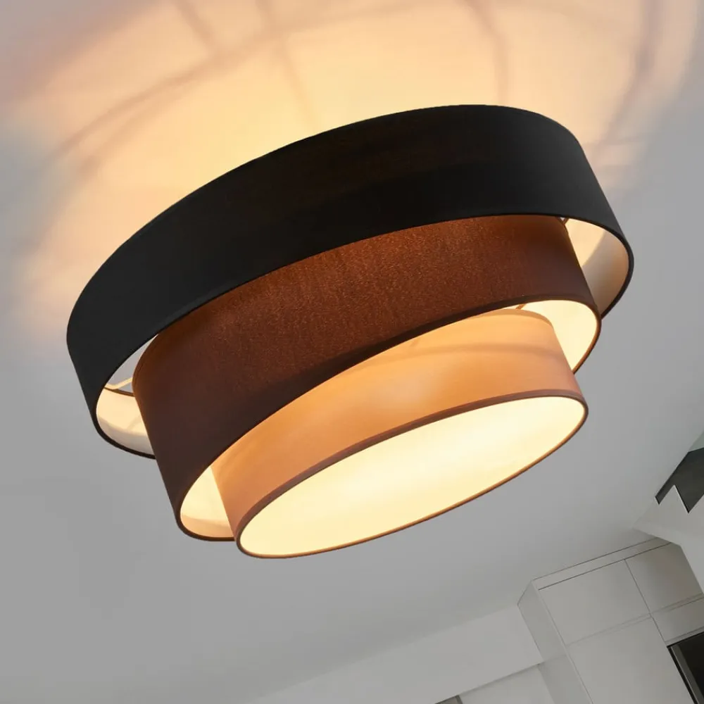 Lindby Melia taklampe, svart/brun, tekstil, Ø 56cm| Design- Og Hotellbelysning|Taklamper