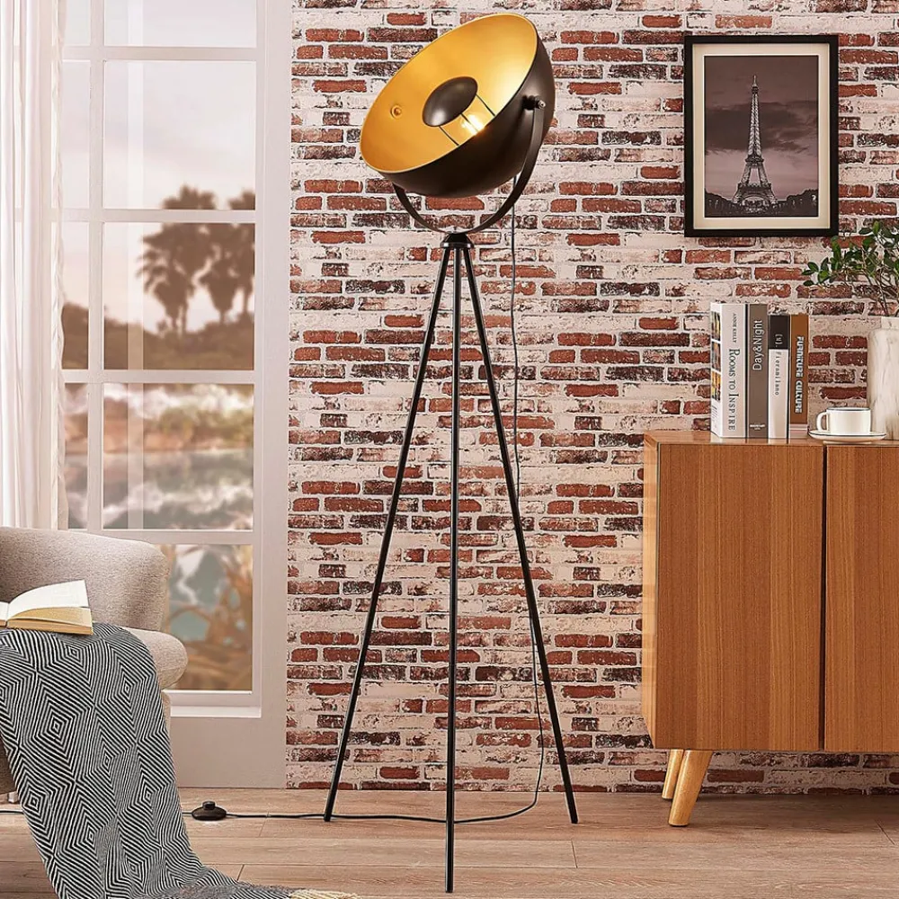 Lindby Meline gulvlampe, svart/gull, metall, stativ| Gulvlamper