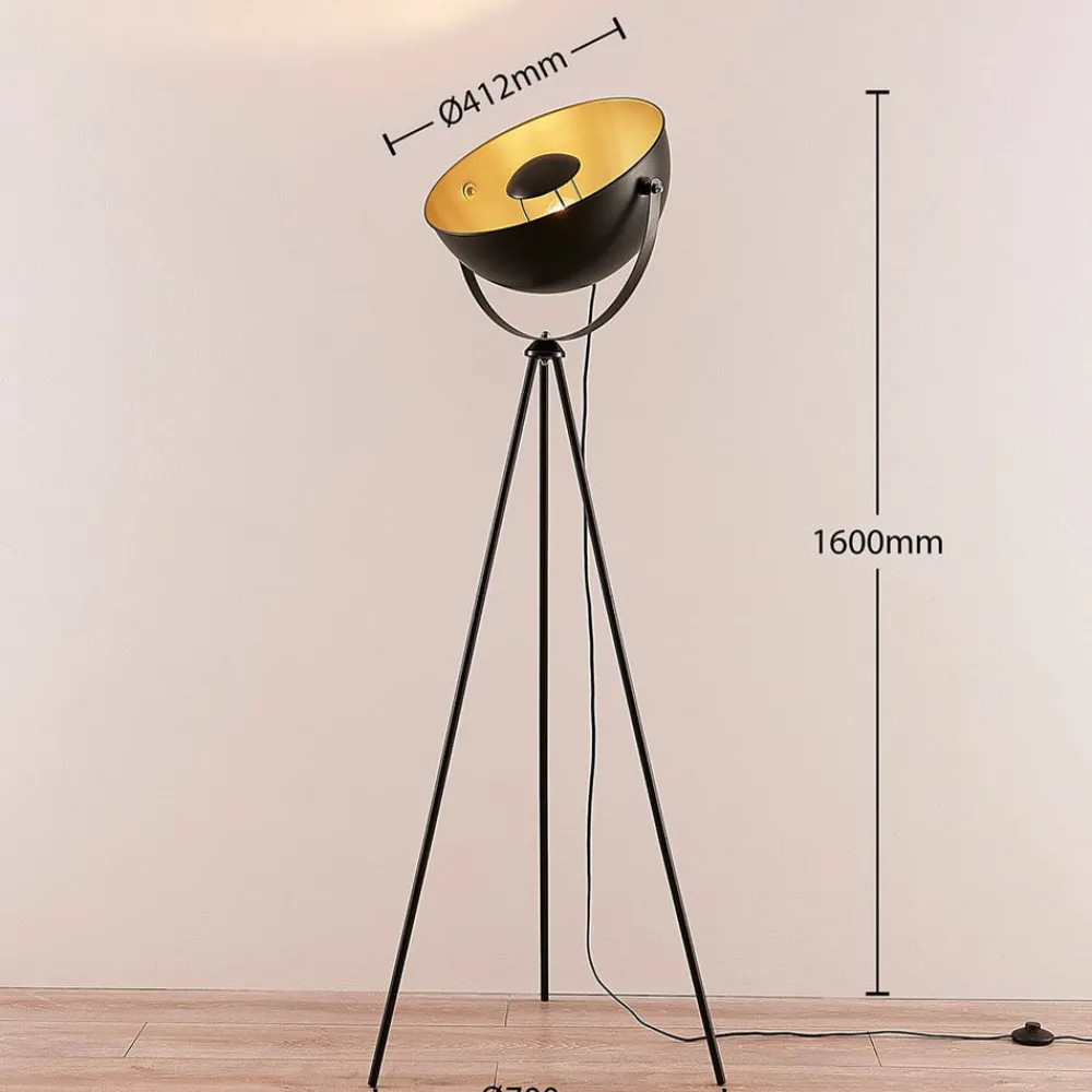 Lindby Meline gulvlampe, svart/gull, metall, stativ| Gulvlamper