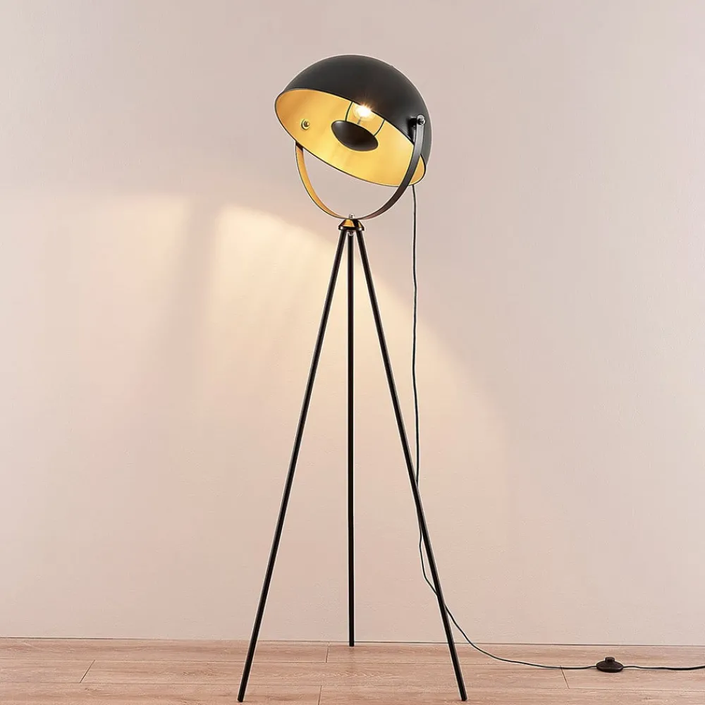 Lindby Meline gulvlampe, svart/gull, metall, stativ| Gulvlamper