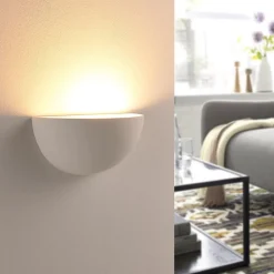 Lindby Narin uplight vegglampe, hvit, gips, halvsirkelformet, 28 cm| Design- Og Hotellbelysning