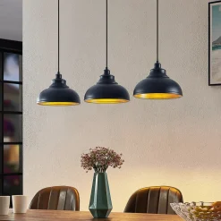 Lindby pendellampe Emna, 3 lyskilder, svart/gull, metall, 101 cm| Pendellamper