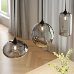 Lindby pendellampe Marla, 3 lyskilder, glass, røykgrå, 102 cm Outlet