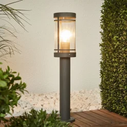 Lindby sokkellampe Djori, 50 cm, antrasitt, stål, E27| Sokkellamper Med Sensor|Terrassebelysning