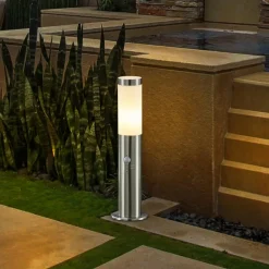 Lindby sokkellampe Statius, grå, stål, sensor, 45 cm| Sokkellamper Med Sensor|Utebelysning Med Sensor