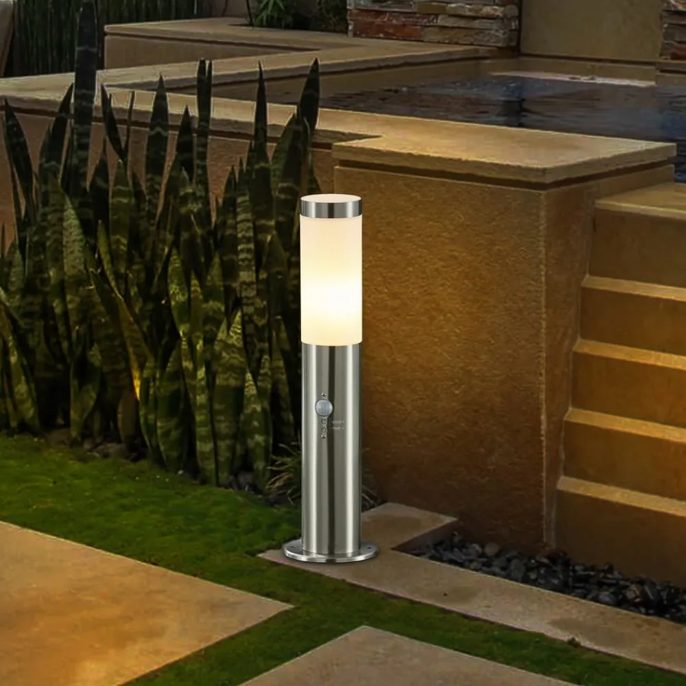 Lindby sokkellampe Statius, grå, stål, sensor, 45 cm| Sokkellamper Med Sensor|Utebelysning Med Sensor