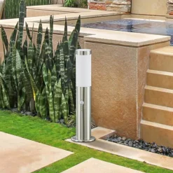 Lindby sokkellampe Statius, grå, stål, sensor, 45 cm| Sokkellamper Med Sensor|Utebelysning Med Sensor