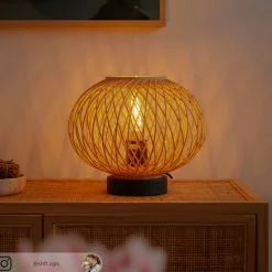 Lindby Solvira bordlampe, bambusfletverk, rund Sale