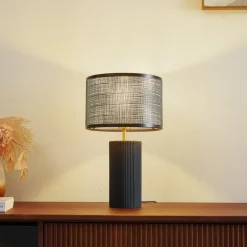 Lindby Sorscha bordlampe, svart, jern, Ø 26 cm| Bordlamper