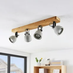 Lindby Spot Mitis, 70 cm, 4 lyskilder, grå, tre, betong, GU10 New