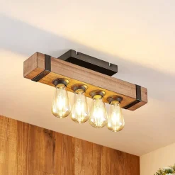 Lindby Sverina taklampe, 46 cm, brun, tre, metall| Design- Og Hotellbelysning|Taklamper