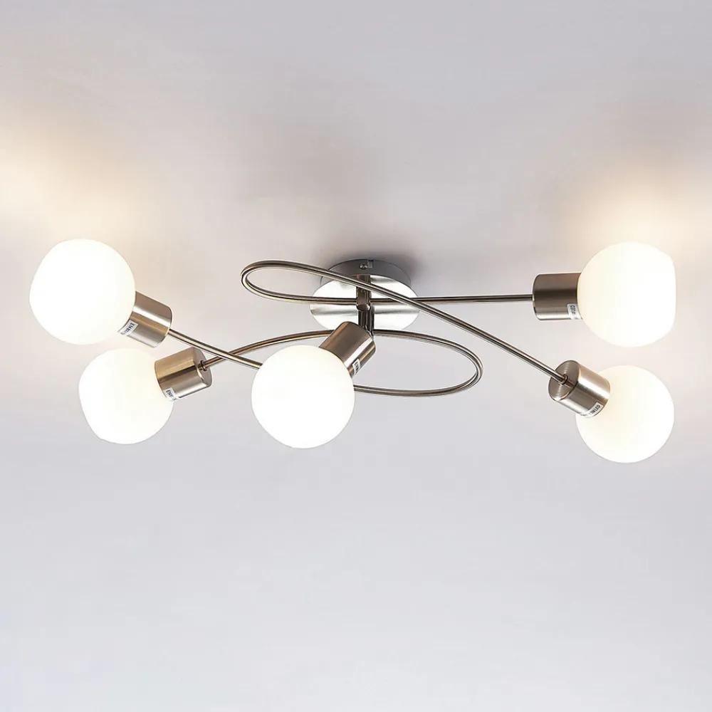 Lindby taklampe Elaina, 65 cm, 5 lyskilder, nikkel, glass, E14 New