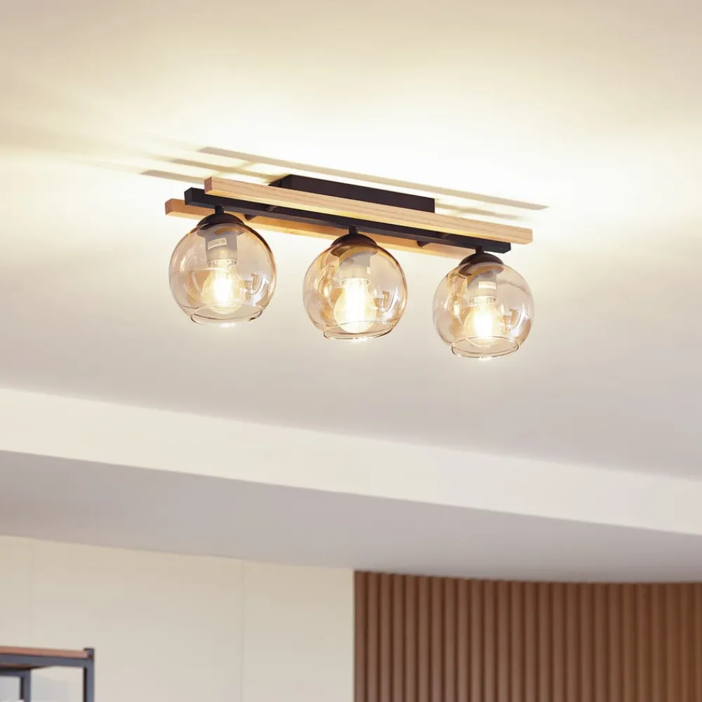 Lindby taklampe Enrique, rav, 3 lyskilder, glass, tre, E27| Taklamper